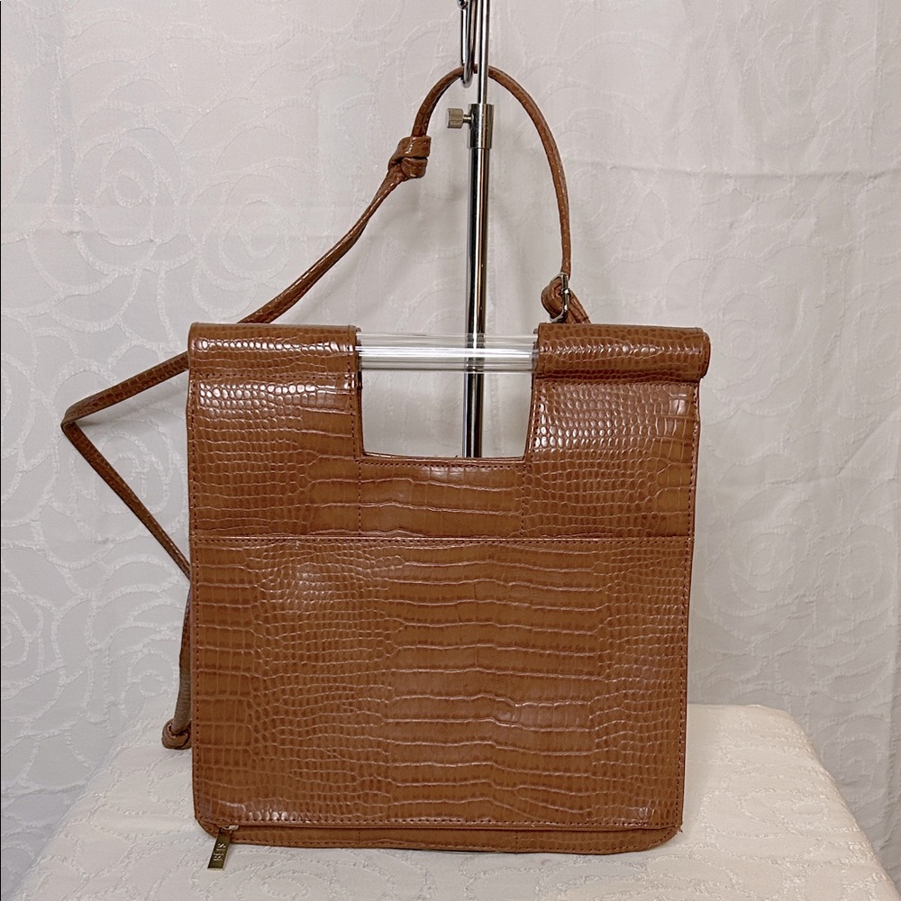 BEIS cognac croc embossed faux leather crossbody with trolly sleeve.
